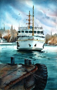 Javid Tabatabaei, A view of Istanbul, 13 x 21 Inch, Watercolour on Paper, Seascape Painting, AC-JTT-007